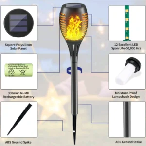 Realistic flame solar torch lighting up a driveway during evening