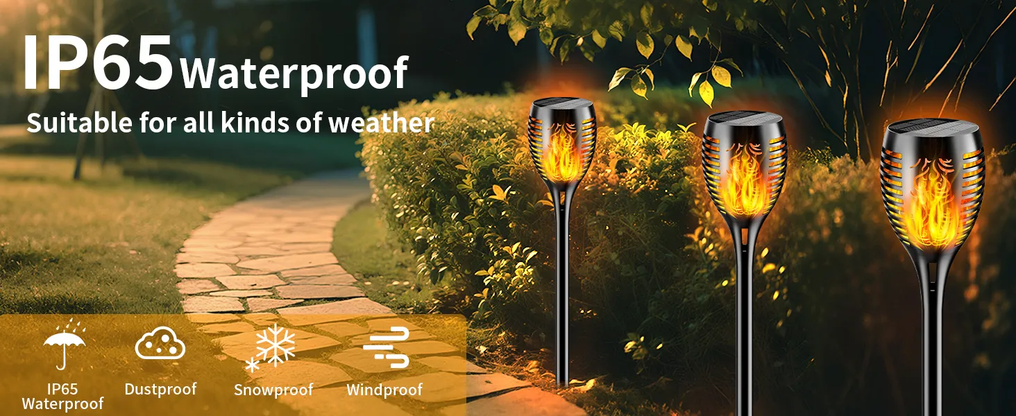 Realistic flame solar torch lighting up a driveway during evening