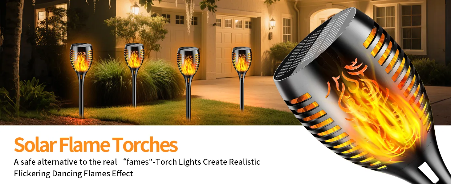 Realistic flame solar torch lighting up a driveway during evening