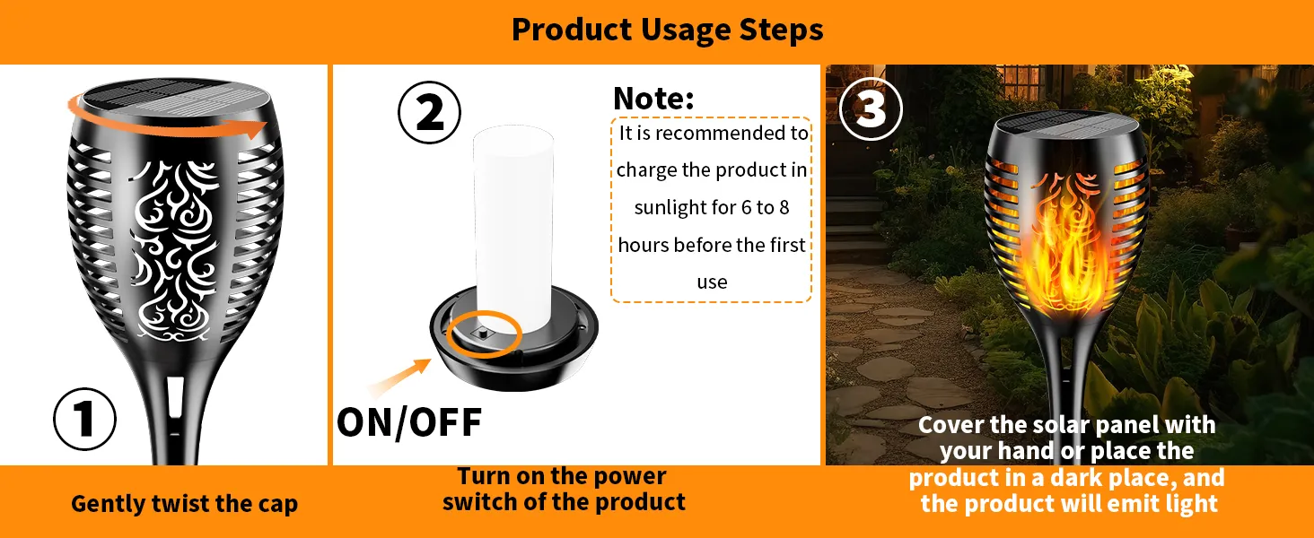 Realistic flame solar torch lighting up a driveway during evening