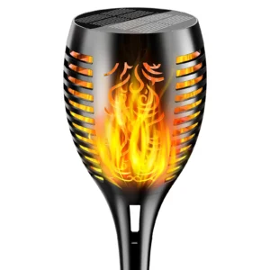 Realistic flame solar torch lighting up a driveway during evening