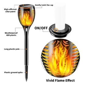 Realistic flame solar torch lighting up a driveway during evening