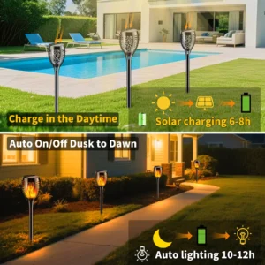 Realistic flame solar torch lighting up a driveway during evening