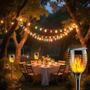 Realistic flame solar torch lighting up a driveway during evening