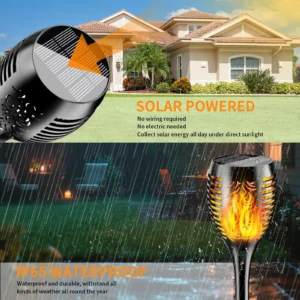 Realistic flame solar torch lighting up a driveway during evening