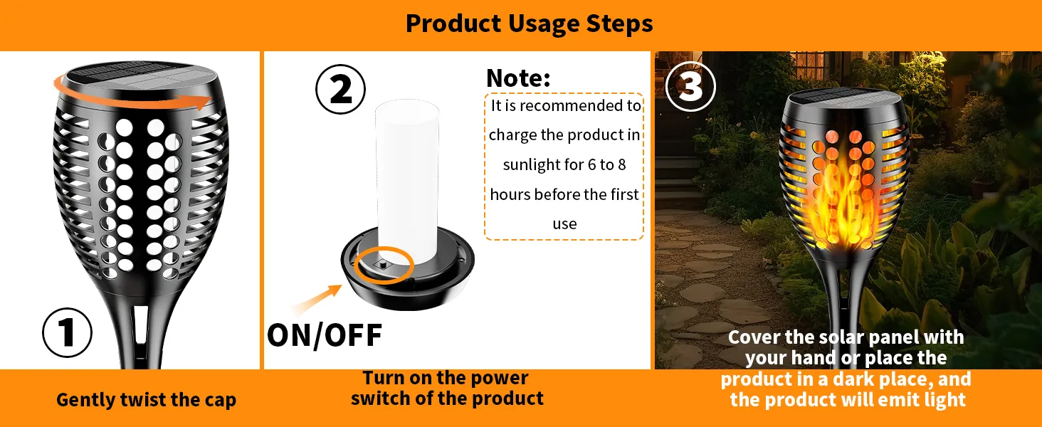 Decorative solar torch lights with flickering flame effect illuminating a garden pathway at dusk.