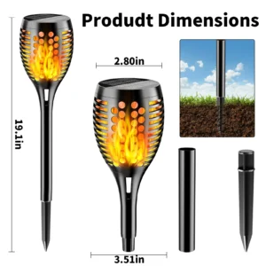 Decorative solar torch lights with flickering flame effect illuminating a garden pathway at dusk.