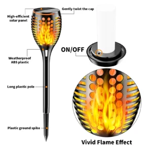 Decorative solar torch lights with flickering flame effect illuminating a garden pathway at dusk.