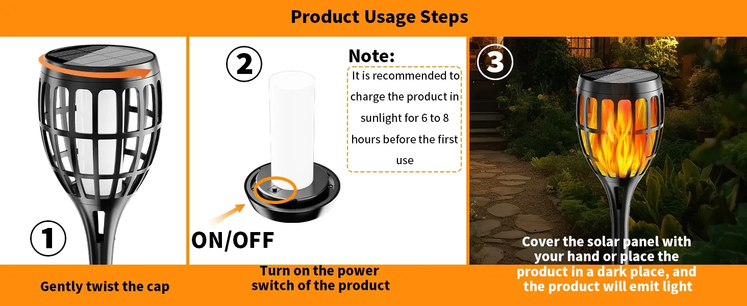 Close-up of solar torch light with flickering flame effect at night