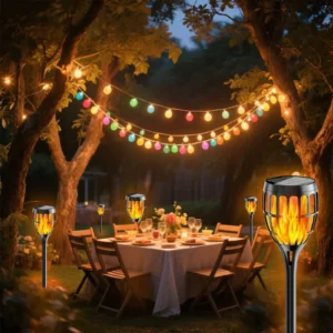 Close-up of solar torch light with flickering flame effect at night