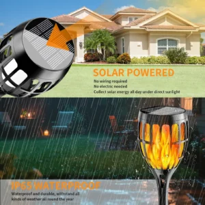 Close-up of solar torch light with flickering flame effect at night