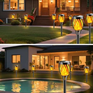 Radiant solar flame torch light for garden or pathway decoration