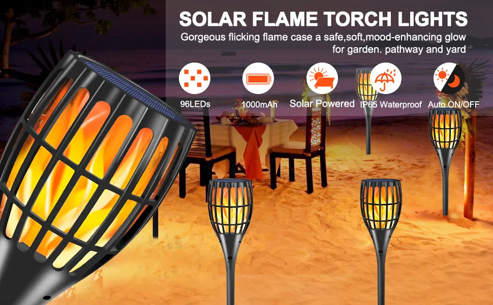 Waterproof solar torch light with realistic flame for yard and patio