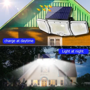 Solar lamp outdoor wall light mounted on exterior brick wall at night