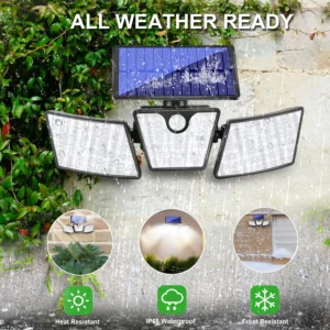 Solar-powered wall mounted lamps lighting up exterior brick wall with LED glow and motion detection