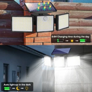 LED wall lights mounted outdoors on fence wall with solar panel and motion detection