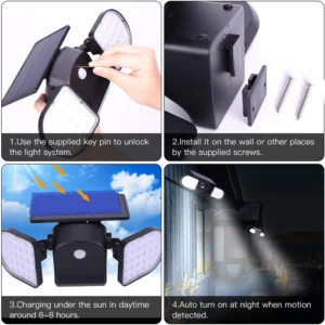 Motion sensor and LED bulbs on solar wall light