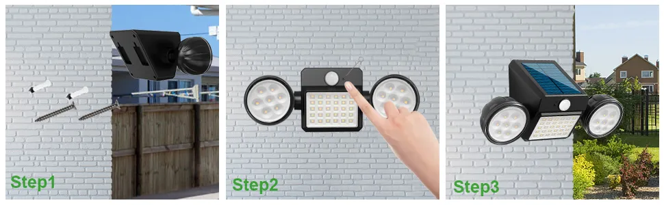 Outdoor wall lights mounted on a patio wall, illuminating garden space with solar-powered LED brightness