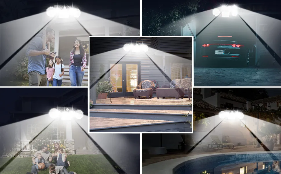 Outdoor wall lights mounted on a patio wall, illuminating garden space with solar-powered LED brightness