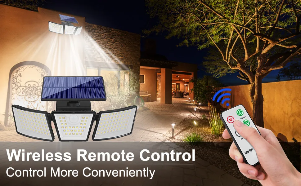 Weatherproof solar-powered sconce wall light illuminating backyard