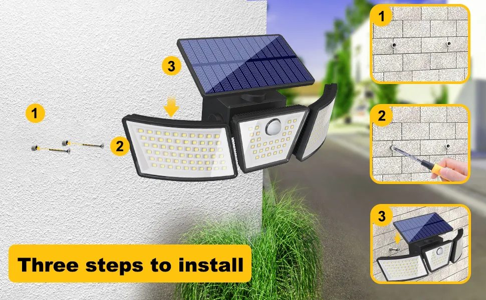 Weatherproof solar-powered sconce wall light illuminating backyard