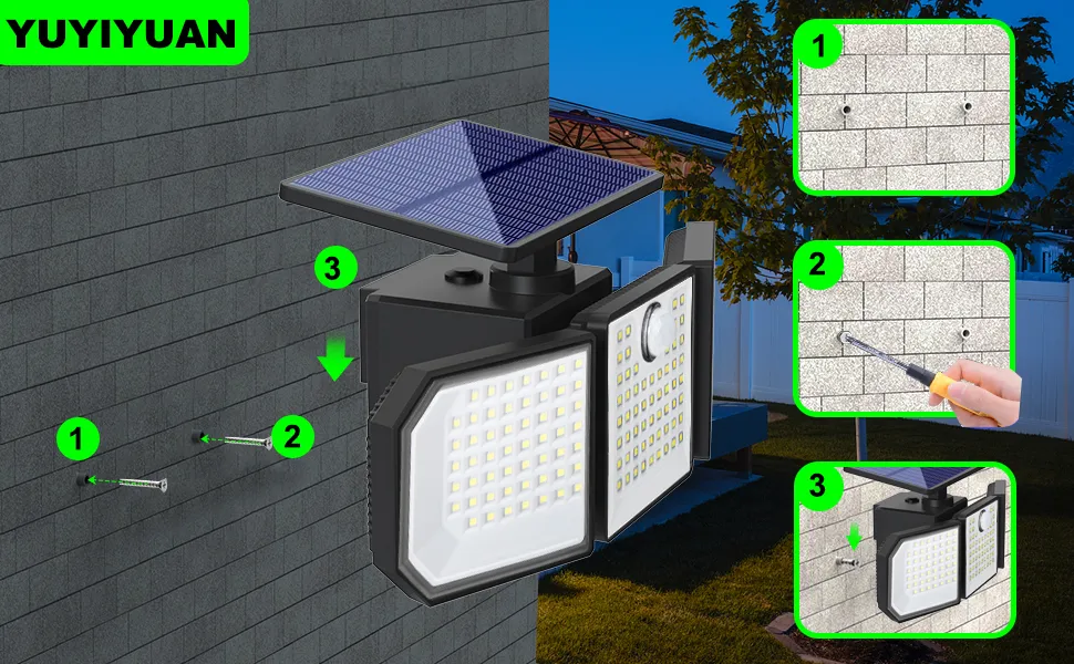 Black solar wall light fixture glowing on garden fence at night