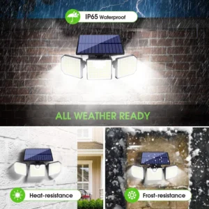 Mounted exterior solar powered wall lights illuminating a backyard fence with LED glow and waterproof housing