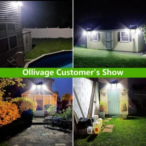 Mounted exterior solar powered wall lights illuminating a backyard fence with LED glow and waterproof housing