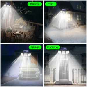 Black solar wall light fixture glowing on garden fence at night