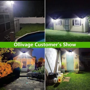 Outdoor wall light mounted on fence, showing LED lighting with solar panel and waterproof casing at night