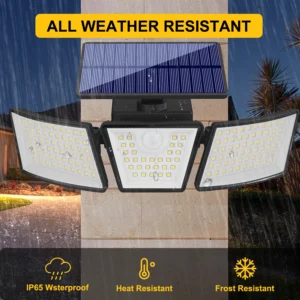 Weatherproof solar-powered sconce wall light illuminating backyard