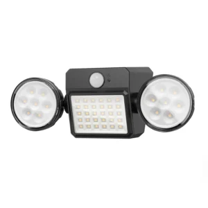 Outdoor wall lights mounted on a patio wall, illuminating garden space with solar-powered LED brightness