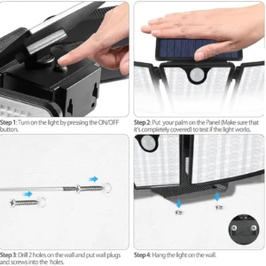 Solar-powered wall mounted lamps lighting up exterior brick wall with LED glow and motion detection