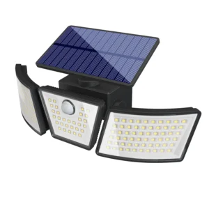 Weatherproof solar-powered sconce wall light illuminating backyard