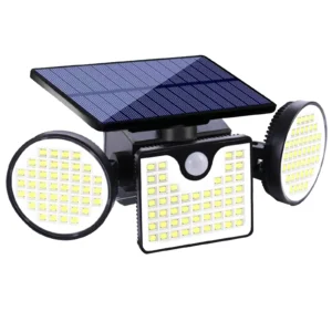 Outdoor wall light mounted on fence, showing LED lighting with solar panel and waterproof casing at night