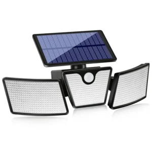 Solar-powered wall mounted lamps lighting up exterior brick wall with LED glow and motion detection