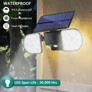 Motion sensor and LED bulbs on solar wall light