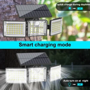 Bright solar-powered wall lights illuminating backyard