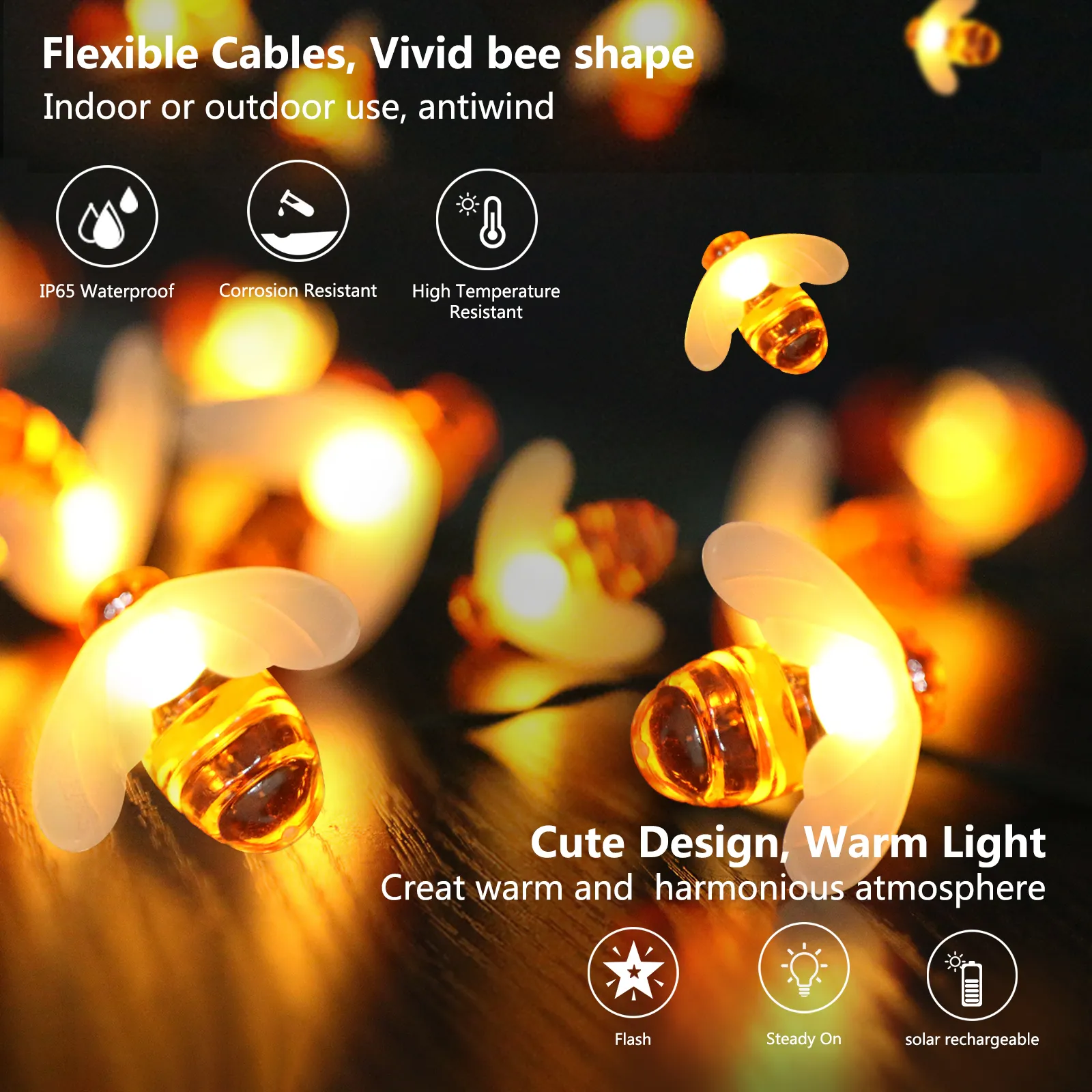 commercial solar string lights with bee shape