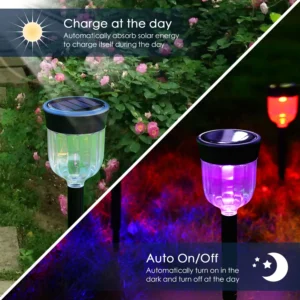 Solar lawn lights charge at the day, automatically turn on in the dark and turn off at the day.