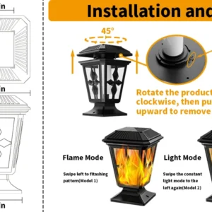 Installation and usage methods of solar-powered decorative column head palace lanterns. Flame mode and light mode.
