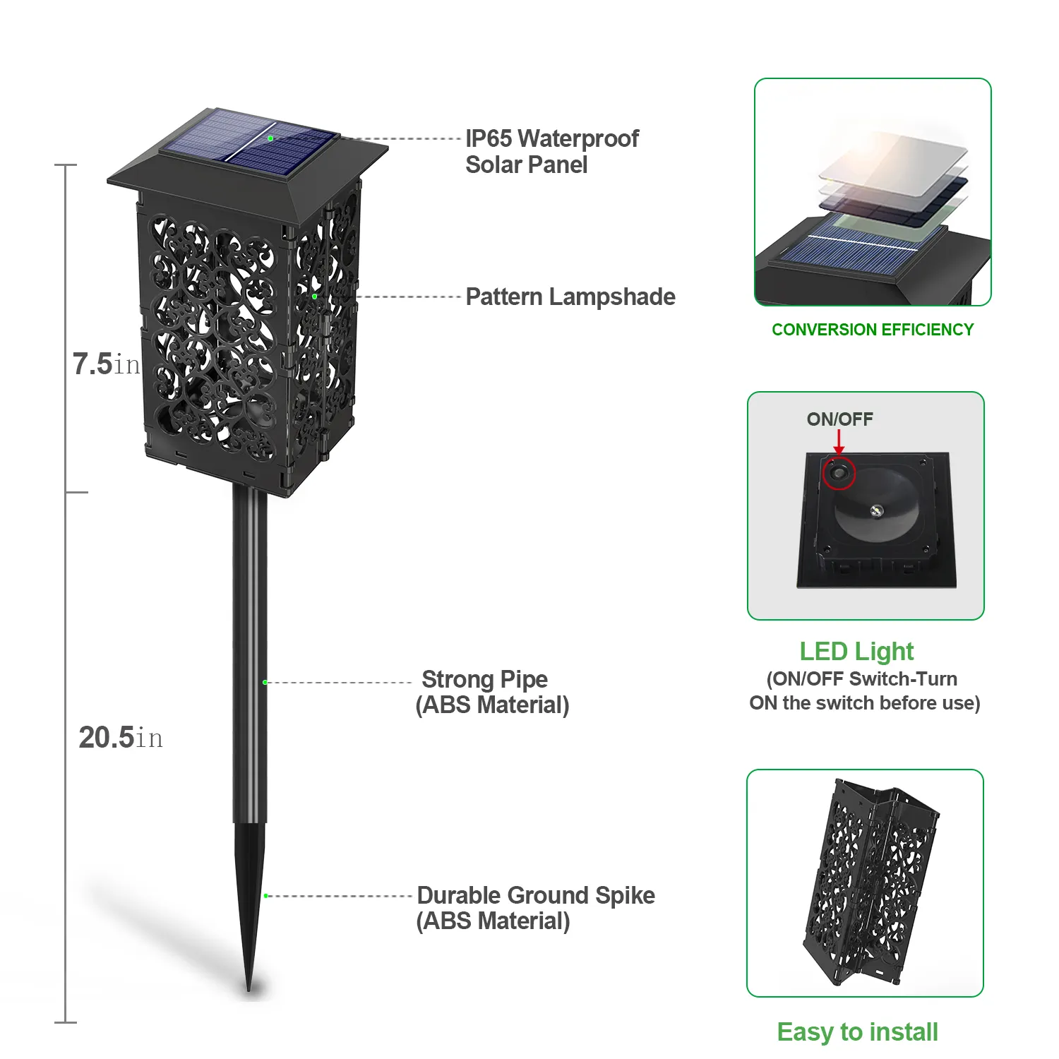 Foldable lawn lihgt with IP65 waterproof solar panel on/off switch and durable ground spike.