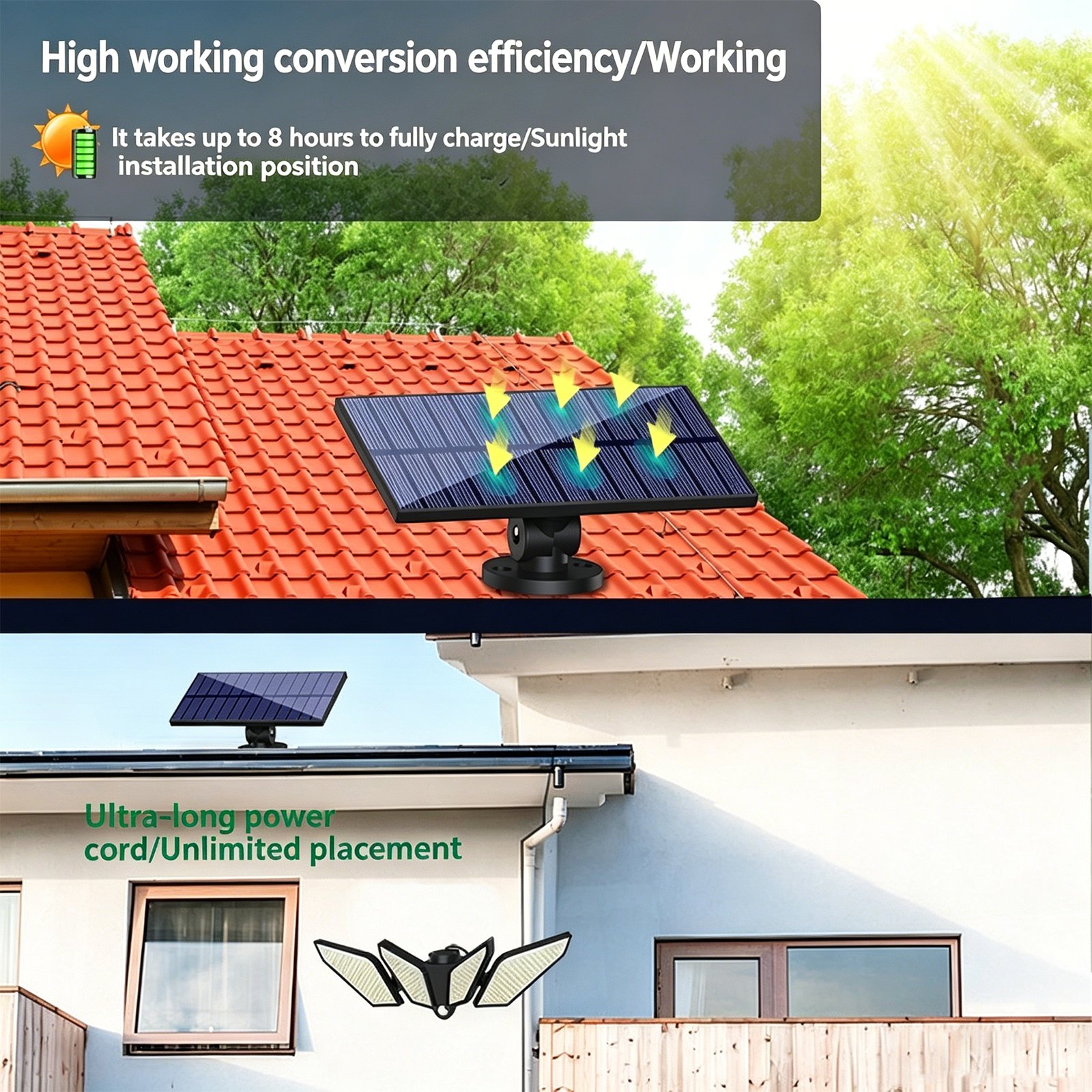 Outdoor 4-head wall light with automatically solar charging 6-8hours