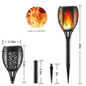 Detailed dimension diagram of floral solar flame stake light, detachable extension poles and ground spike, easy assembly for landscape garden use.
