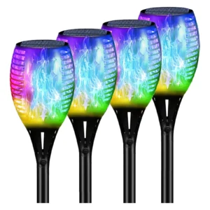 4 pack black ABS solar flame stake lights with star hollow cutout, auto color changing flickering RGB flame for outdoor.