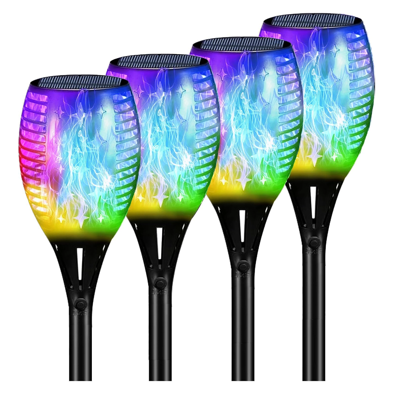 4 pack black ABS solar flame stake lights with star hollow cutout, auto color changing flickering RGB flame for outdoor.