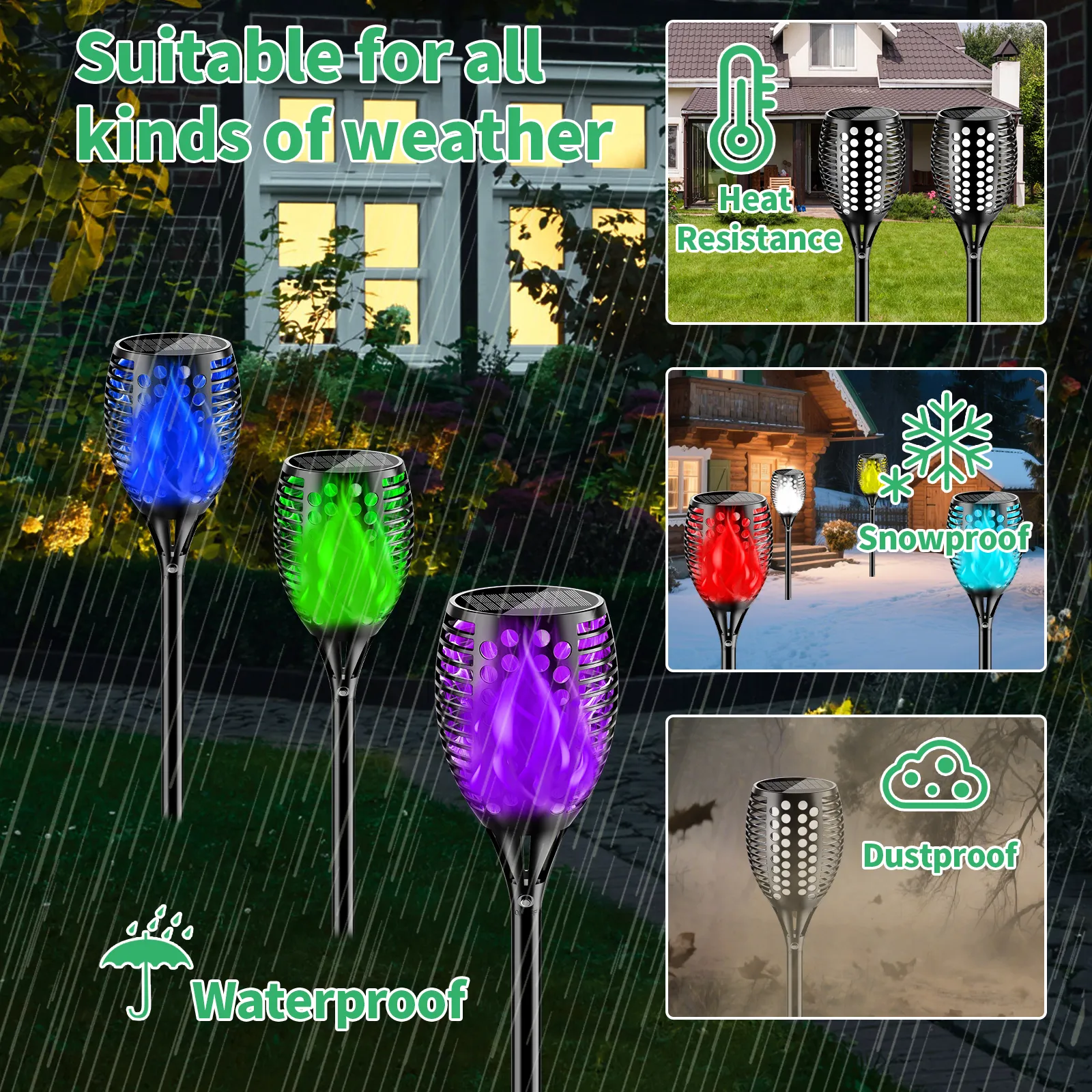 All weather resistant solar flame stake light , works steadily in all seasons garden outdoor.