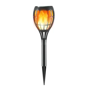 ABS solar stake light with square grid hollow cutout, warm flickering flame effect, ground lamp for outdoor.