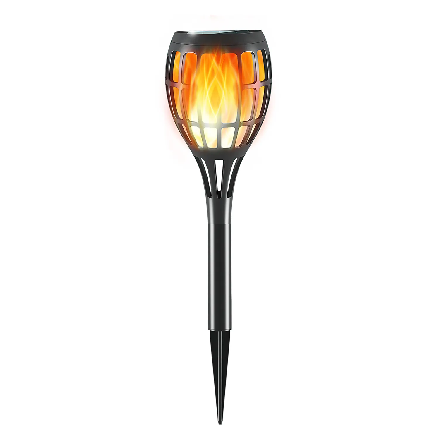 ABS solar stake light with square grid hollow cutout, warm flickering flame effect, ground lamp for outdoor.