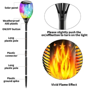 structure diagram of black ABS solar flame stake light, including top solar panel, control button, detachable poles and ground spike.